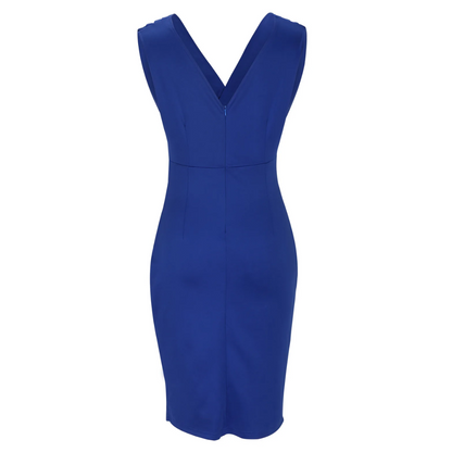 Blaues ärmelloses Etuikleid, V-Ausschnitt, knielang, elegantes Design, Damenmode.