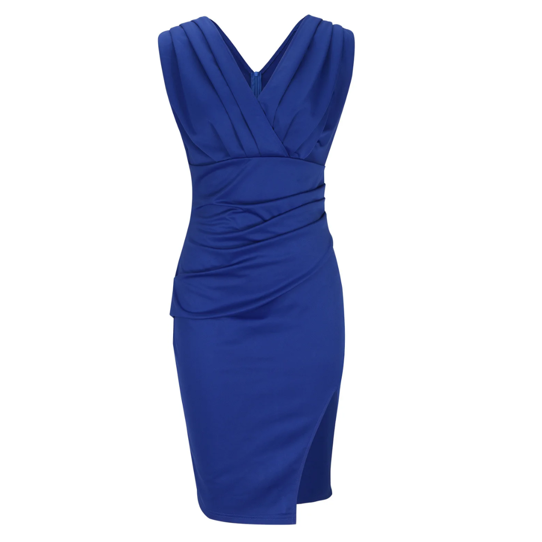 Blaues Cocktailkleid, ärmellos, V-Ausschnitt, figurbetont, elegantes Design, Damenmode.