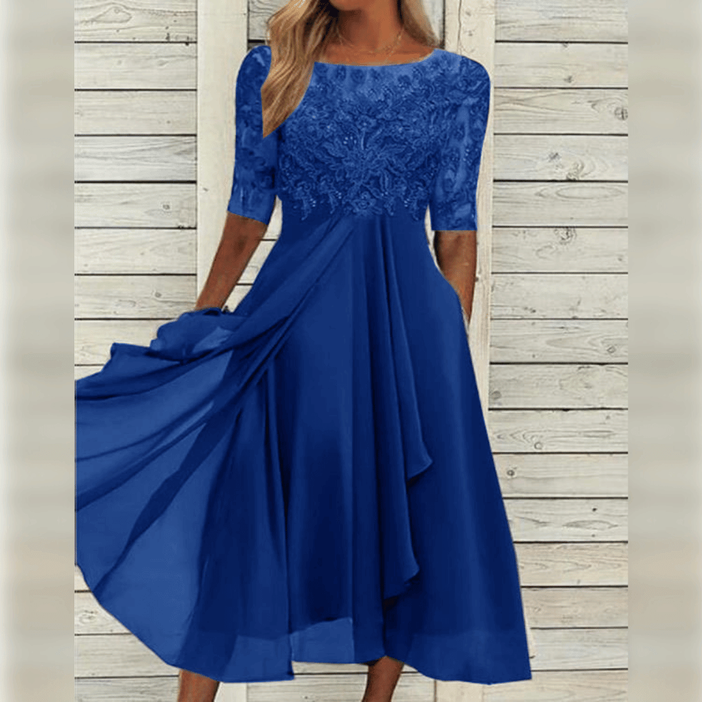 Damenkleid blau, Spitze, knielang, elegant, Abendmode, festlich, Sommerkleid, Kurzarm.