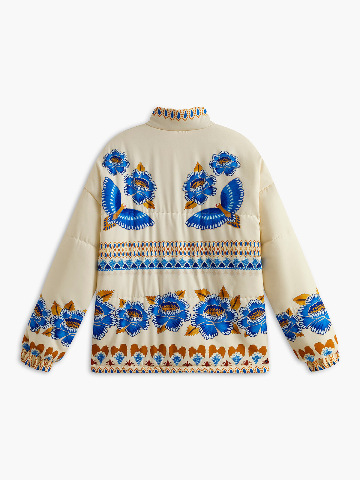 Beige Daunenjacke mit blauem Blumenmuster, Damenmode, Winterjacke, modisch, warm.