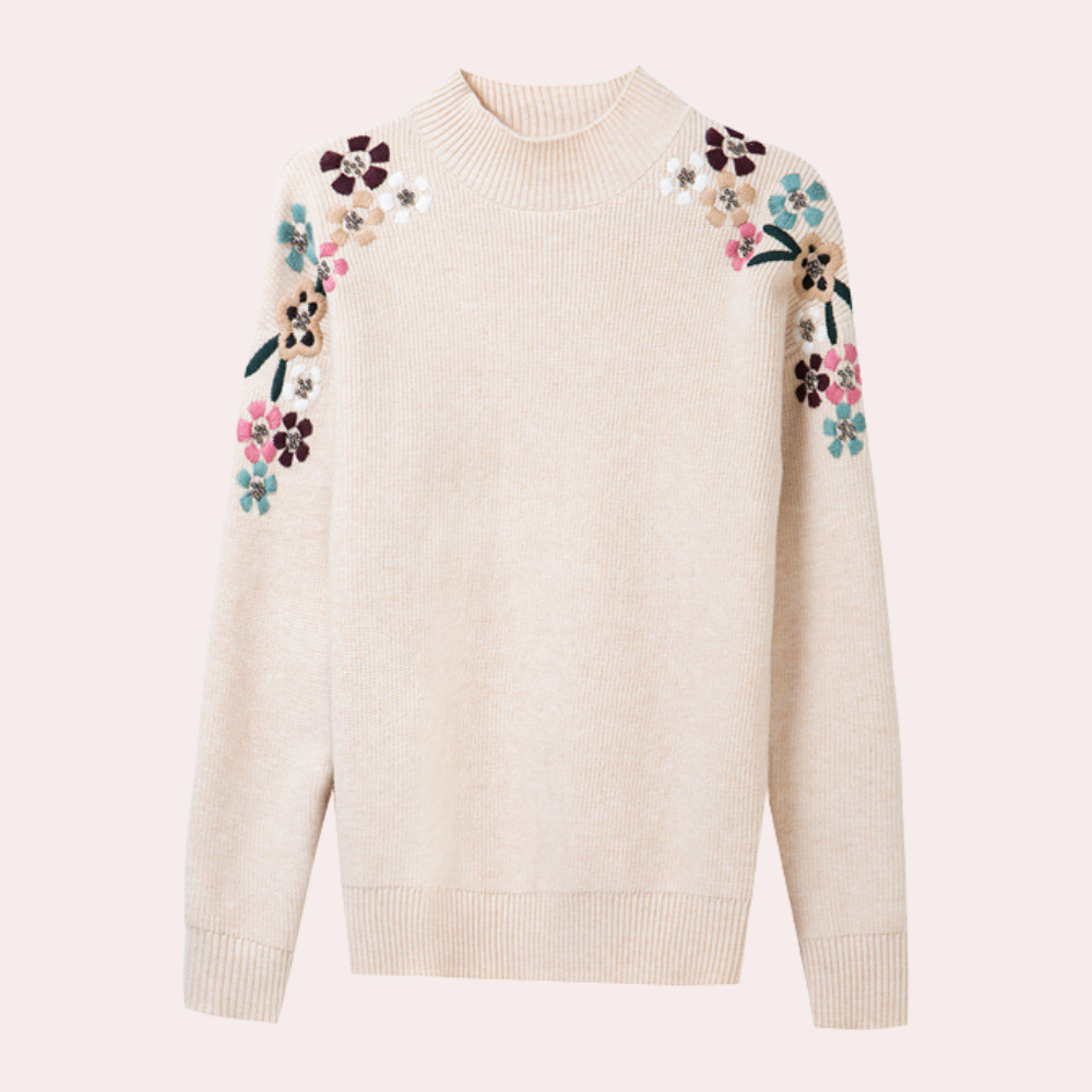 Beiger Damenpullover mit Blumenstickerei, Langarm, Rundhalsausschnitt, modisch, elegant.