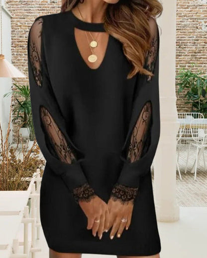 Schwarzes Bodycon Herbstkleid mit Netz und V-Ausschnitt – Selena