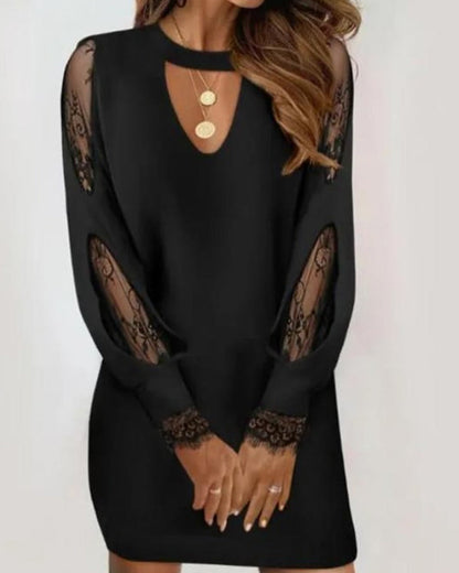 Schwarzes Bodycon Herbstkleid mit Netz und V-Ausschnitt – Selena