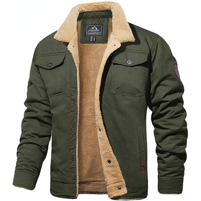 Grüne Herren-Bomberjacke mit Teddyfutter, Winterjacke, warm, modisch, Outdoor-Bekleidung.