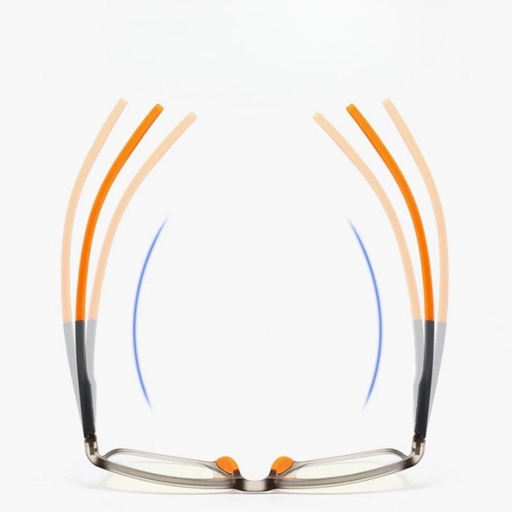 Ansicht von unten auf die Brille, die zeigt, wie sich die flexiblen orangefarbenen Bügel nach außen biegen lassen. 9