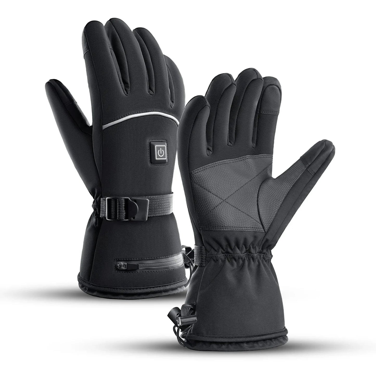 Schwarze beheizbare Handschuhe, wasserdicht, Touchscreen-kompatibel, ideal für Winteraktivitäten.