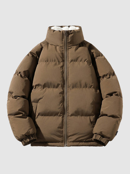 Braune Daunenjacke mit Reißverschluss, warm, wintertauglich, Unisex, modisch, isoliert.