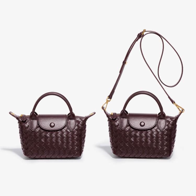 Dunkelbraune Lederhandtaschen mit Flechtmuster und abnehmbarem Schulterriemen, elegant, modisch.