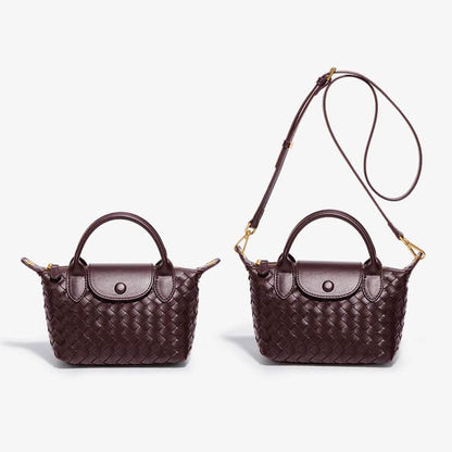 Dunkelbraune Lederhandtaschen mit Flechtmuster und abnehmbarem Schulterriemen, elegant, modisch.