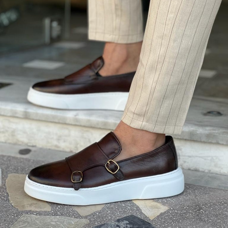 Braune Herren-Mönchsschuhe mit Doppel-Gesp, vulkanisiert, handgefertigt, Slip-On, elegant.