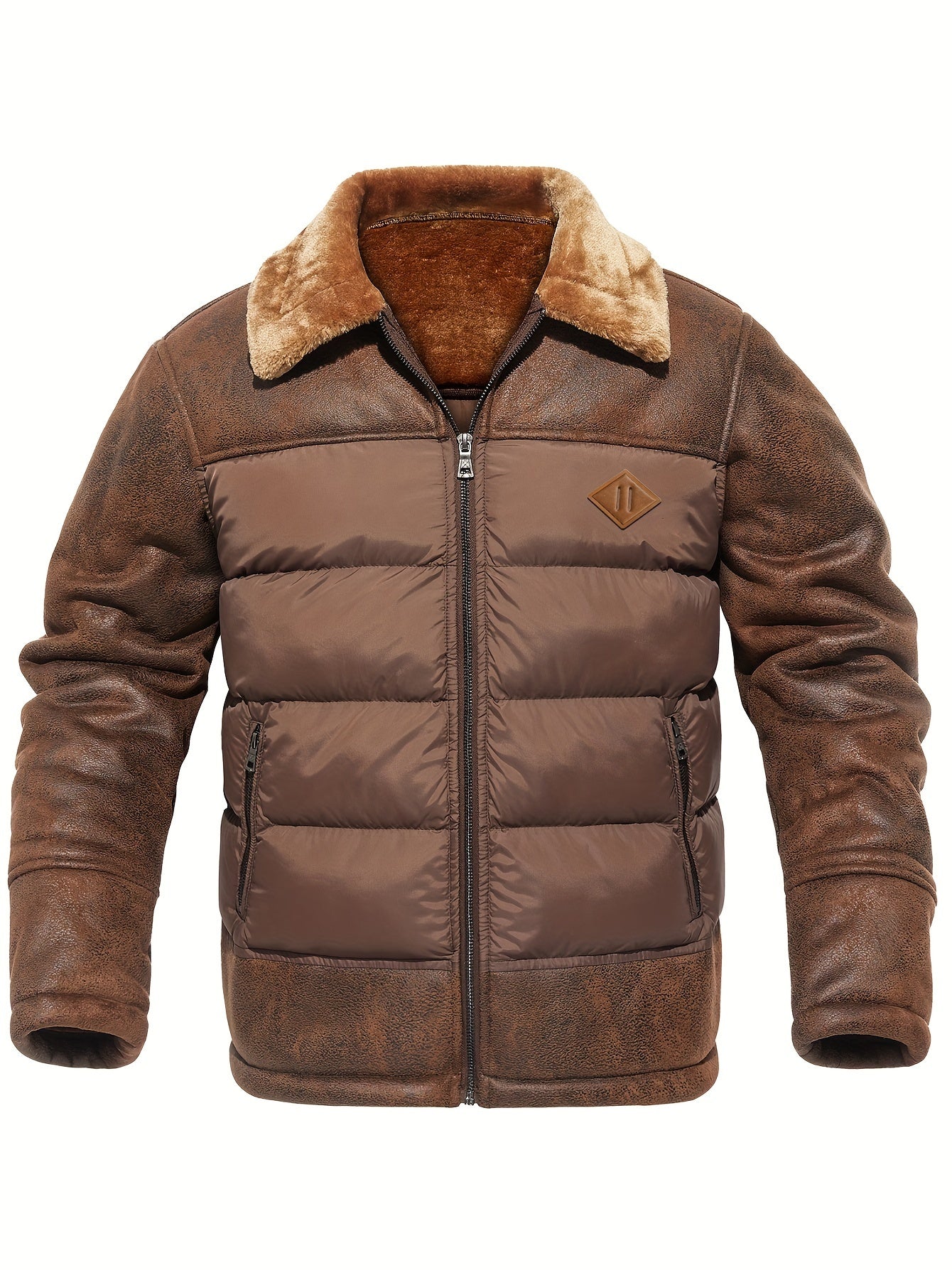 Braune Herren-Lederjacke mit Kunstpelzkragen, Reißverschluss, gestepptem Design, Wintermode.