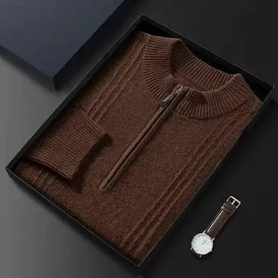 Brauner Herrenpullover mit Reißverschluss, Strick, Geschenkbox, elegantes Design, Wintermode.