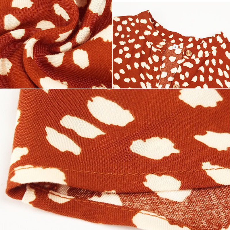 Braunes Sommerkleid mit weißem Tupfenmuster, Knopfleiste, Baumwolle, Damenmode, Freizeitkleidung.