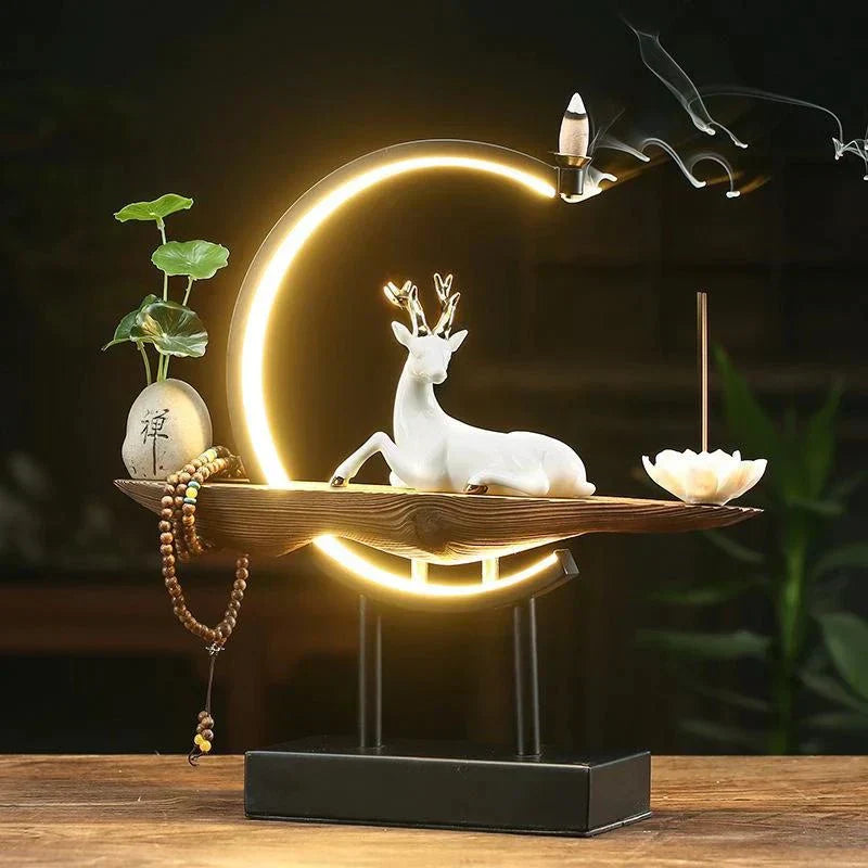Buddhistischer Rückfluss-Räuchergefäß, Hirschfigur, Lotus, LED-Licht, Dekoration, Zen-Stil