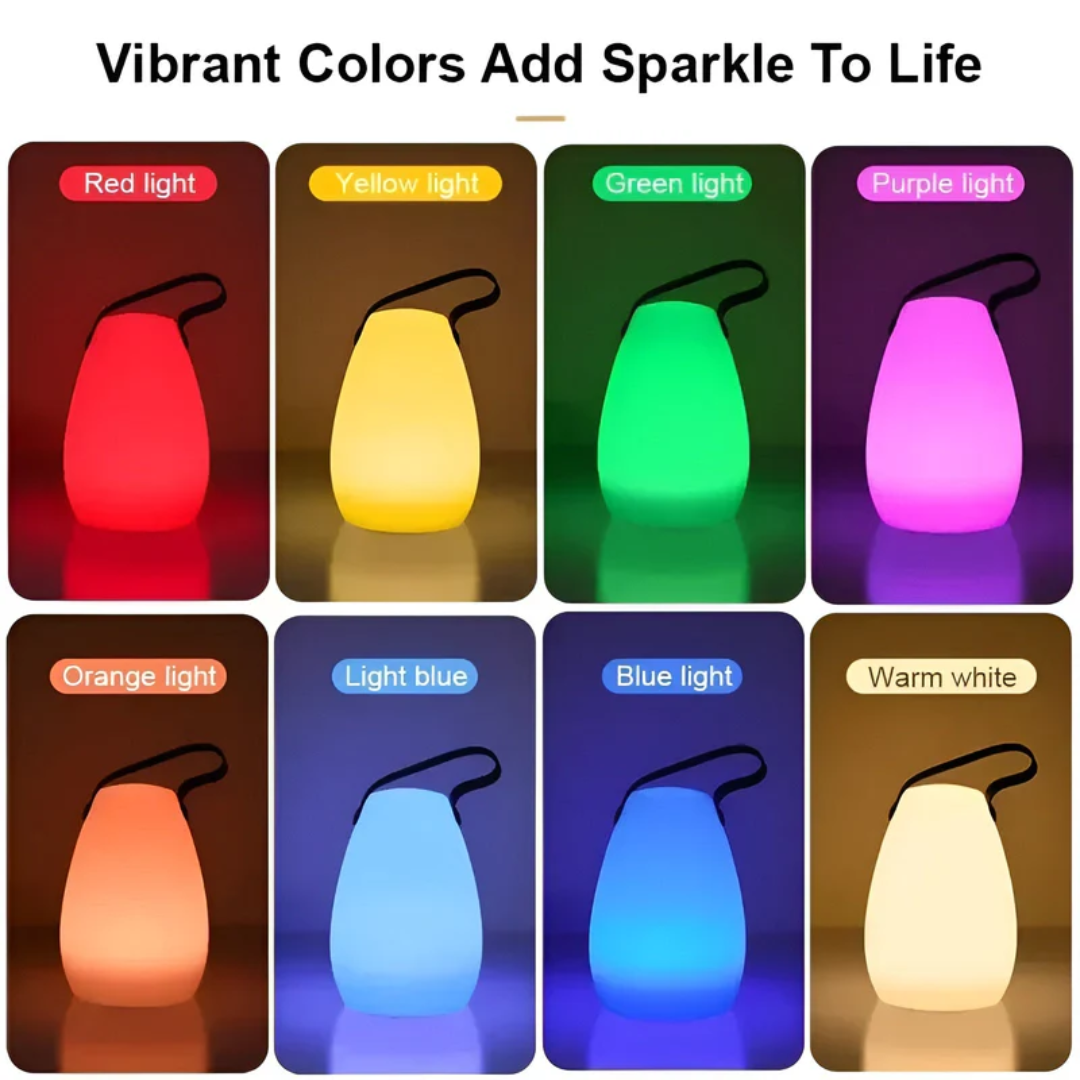 Bunte LED-Lampen mit Griff in Rot, Gelb, Grün, Lila, Orange, Blau, Hellblau, Warmweiß.