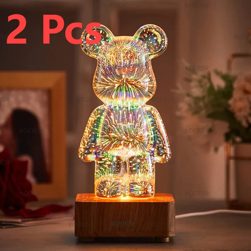 2er-Set Bär Nachtlicht, 3D-Illusion, LED, Holzsockel, dekorative Tischlampe, bunt leuchtend