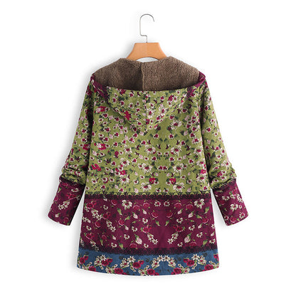 Damen-Langjacke mit Kapuze, florales Muster, grün und bordeaux, Teddyfutter, Herbstmode.