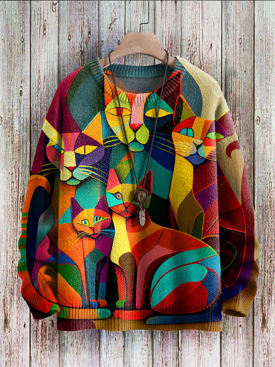 Bunter Katzen-Pullover, geometrisches Design, Damenmode, Strick, Herbst, Holz-Hintergrund