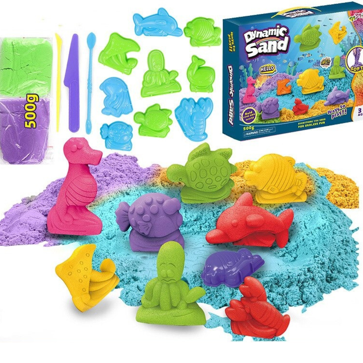 Bunte kinetische Sandspielzeug-Set mit Formen, Werkzeugen und 500g Sand in verschiedenen Farben.