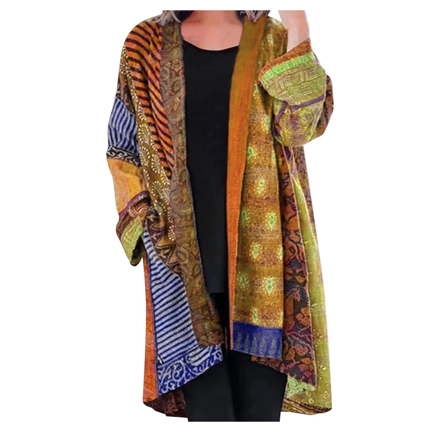 Bunte Damenjacke mit Patchwork-Design, langärmelig, Boho-Stil, vielseitig, modisch.