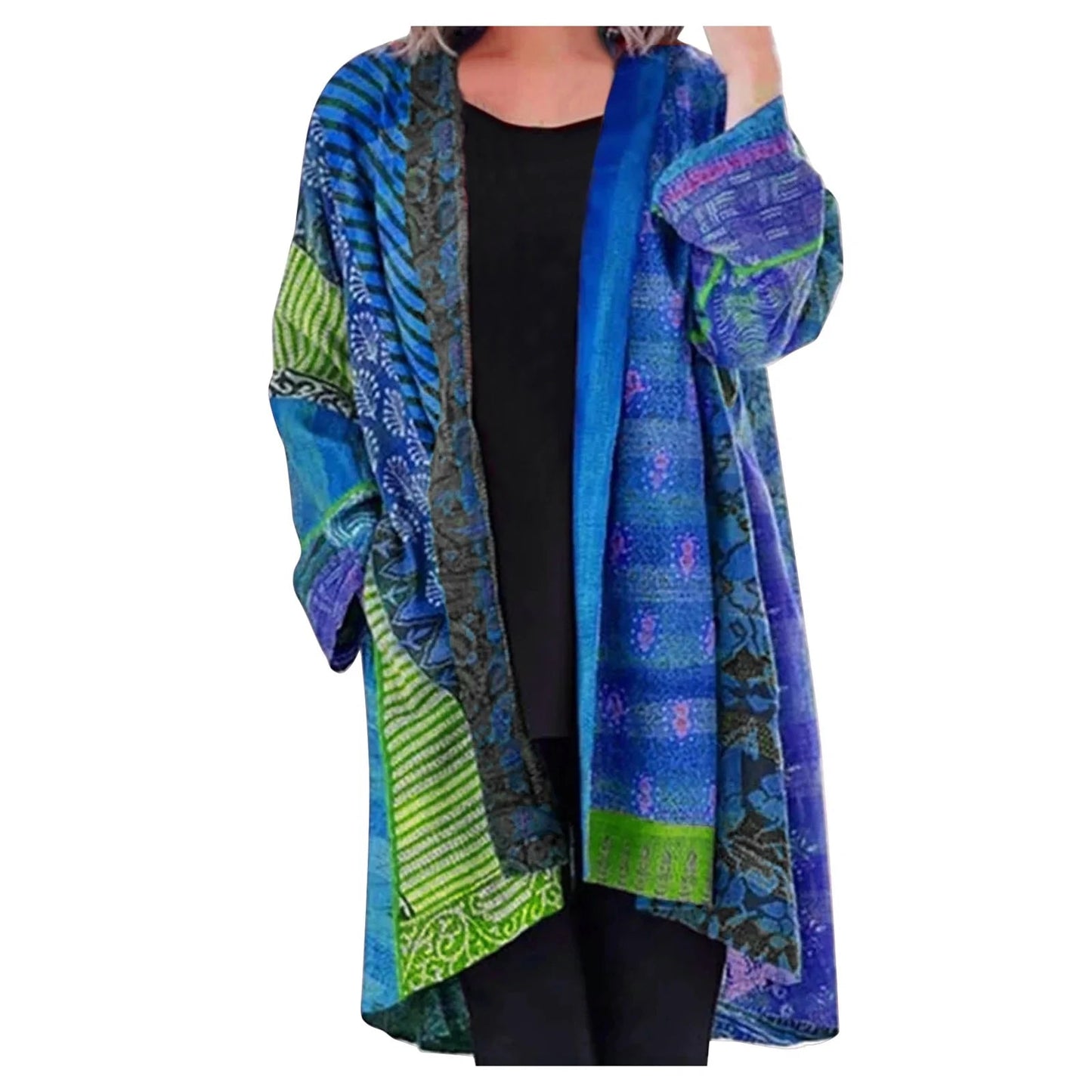 Bunte Damenjacke, Patchwork-Design, Blau-Grün, lässig, langärmelig, modisch.