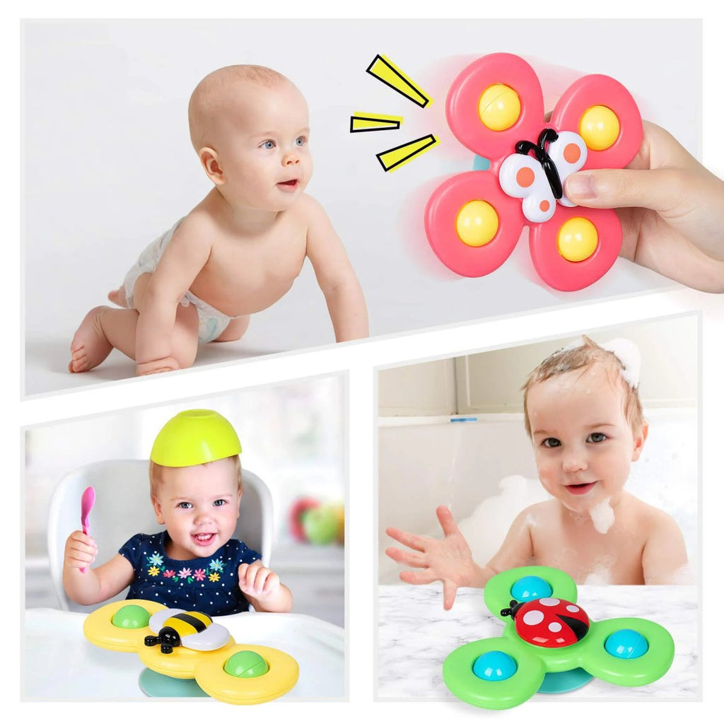 Kleinkind spielt mit buntem Saugnapf-Spinnspielzeug, Schmetterling, Biene, Marienkäfer.