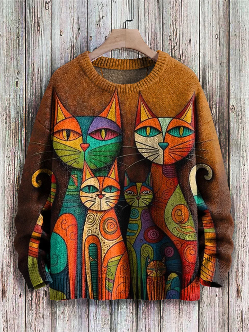 Bunter Katzenpullover, Damen, Strick, Herbstmode, Vintage-Stil, Holzoptik-Hintergrund