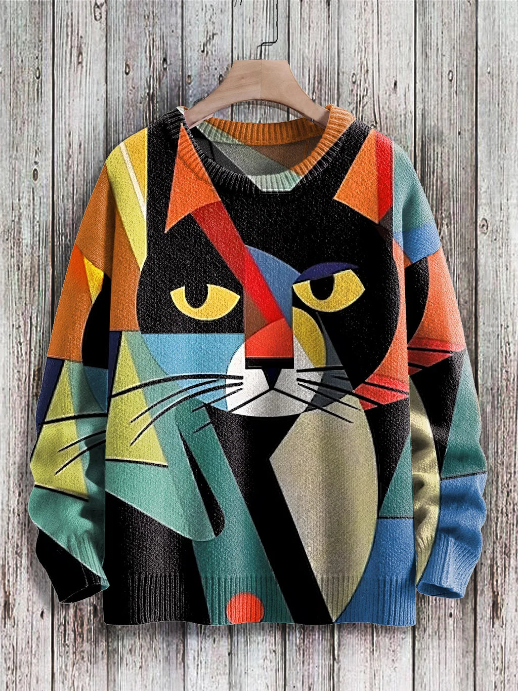Bunter Katzen-Pullover, geometrisches Design, Damenmode, Herbst-Winter, Strickware.