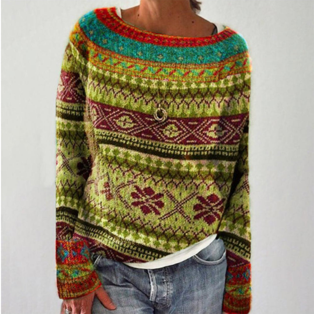Farbiger Strickpullover Damen, Norwegermuster, Grün, Rot, Blau, Wintermode, Boho-Stil.
