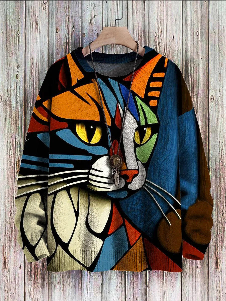 Buntes Katzen-Pullover-Design, abstrakte Kunst, Damenmode, langärmelig, Baumwolle.
