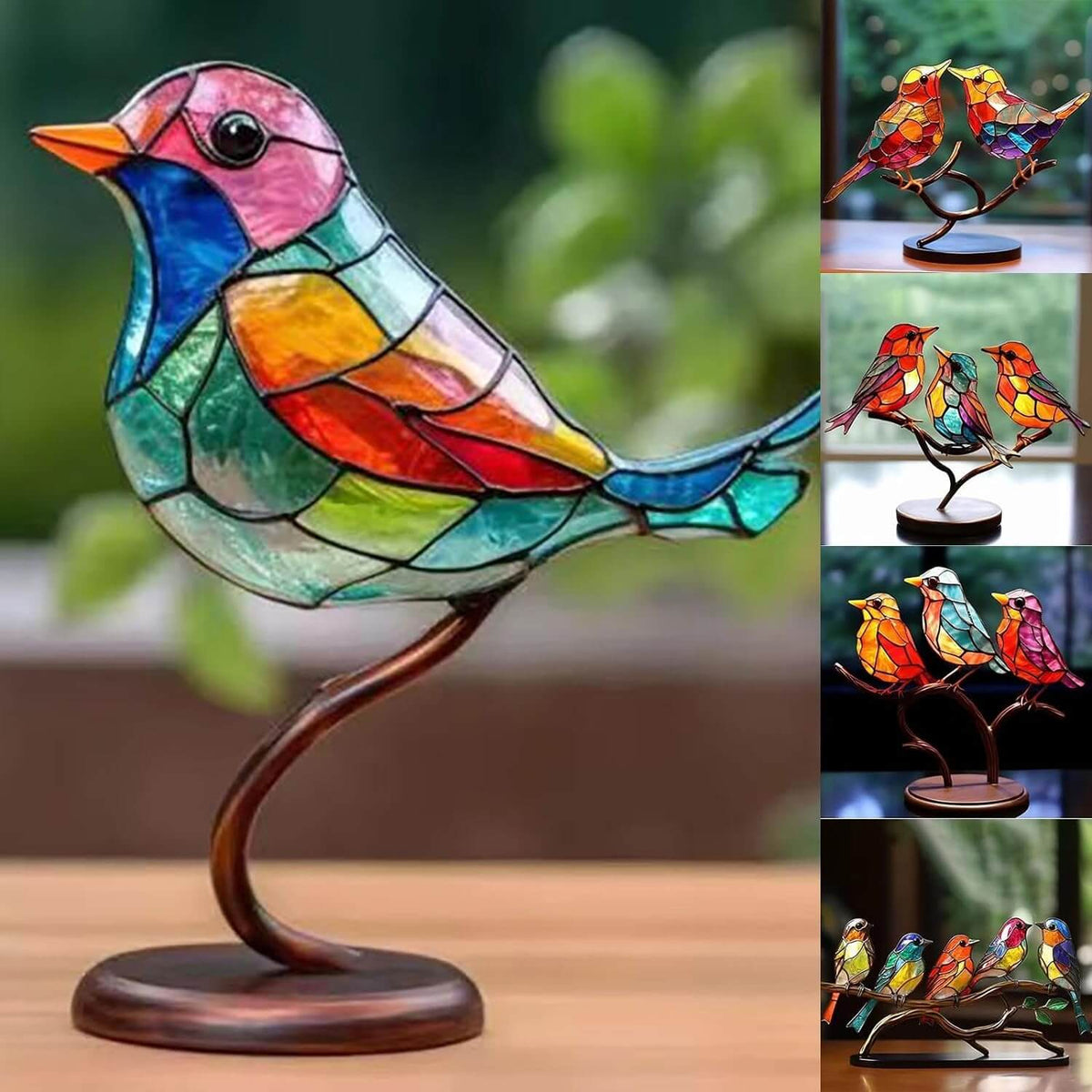 Buntes Glasvogel-Ornament auf Holzsockel, dekorative Skulptur, handgefertigt, Wohnzimmerdeko.