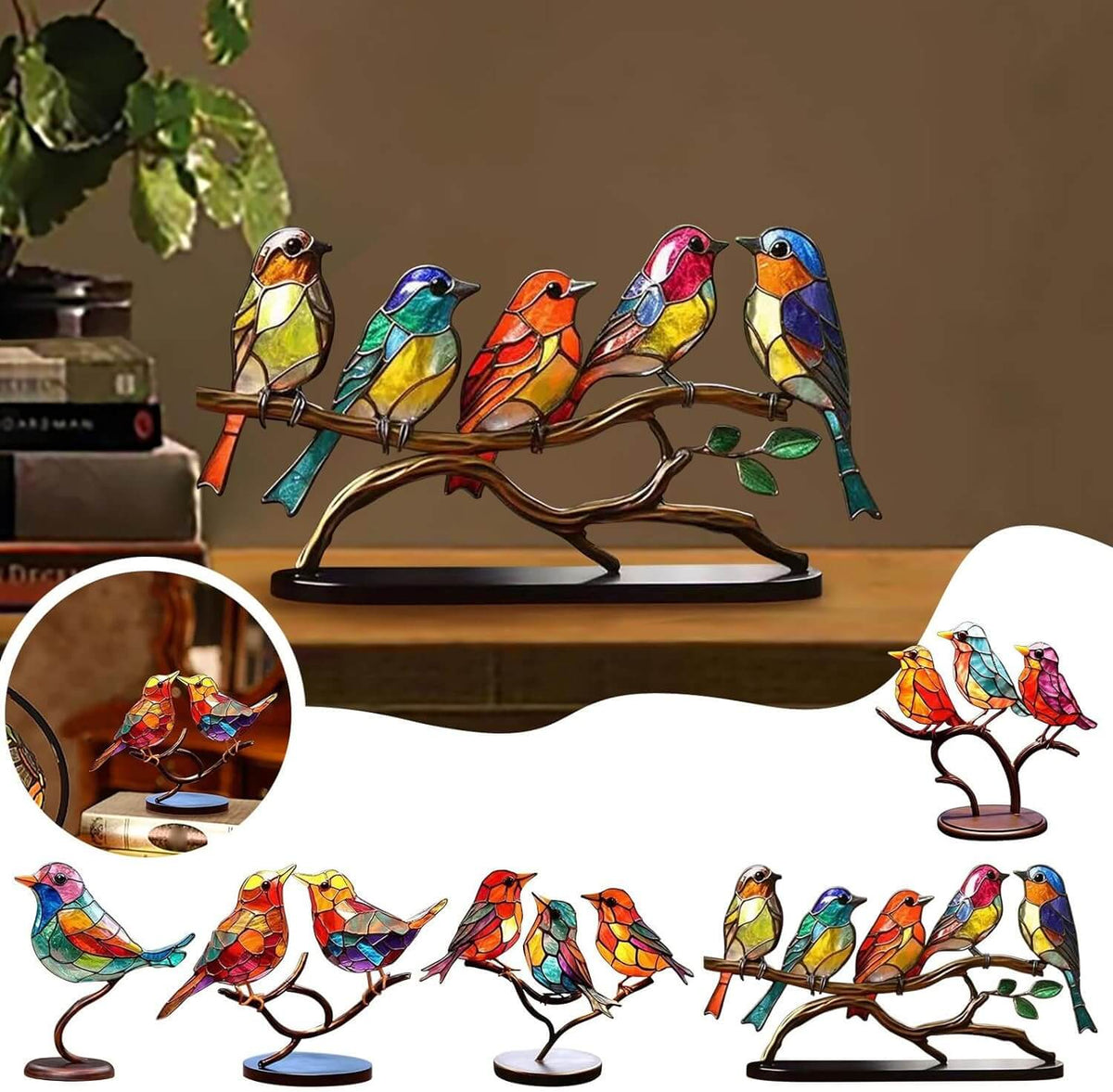 Bunte Glasvögel auf Ast, dekorative Skulptur, handgefertigt, Wohnzimmerdekoration.