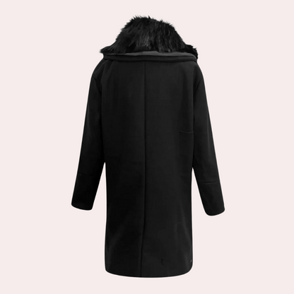 Schwarzer Wintermantel mit Kunstfellkragen, elegantes Design, warme Damenbekleidung.