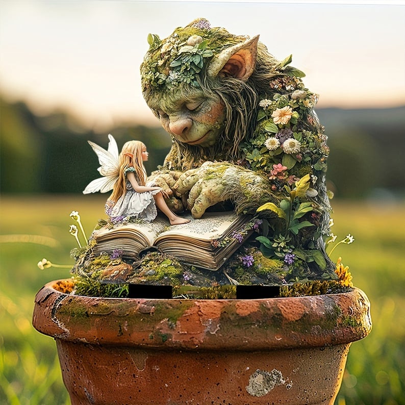 Acrylic Gartenstecker mit Moos-Troll und kleiner Fee auf einem Buch im Terrakotta-Topf