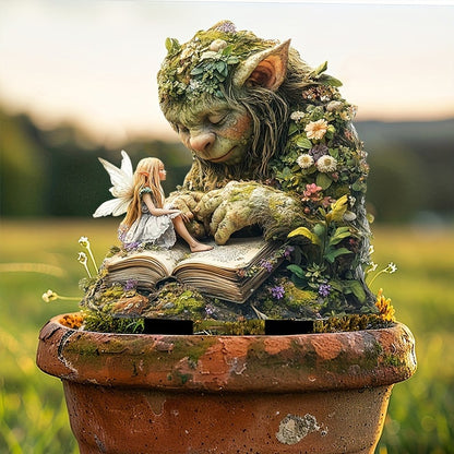 Acrylic Gartenstecker mit Moos-Troll und kleiner Fee auf einem Buch im Terrakotta-Topf