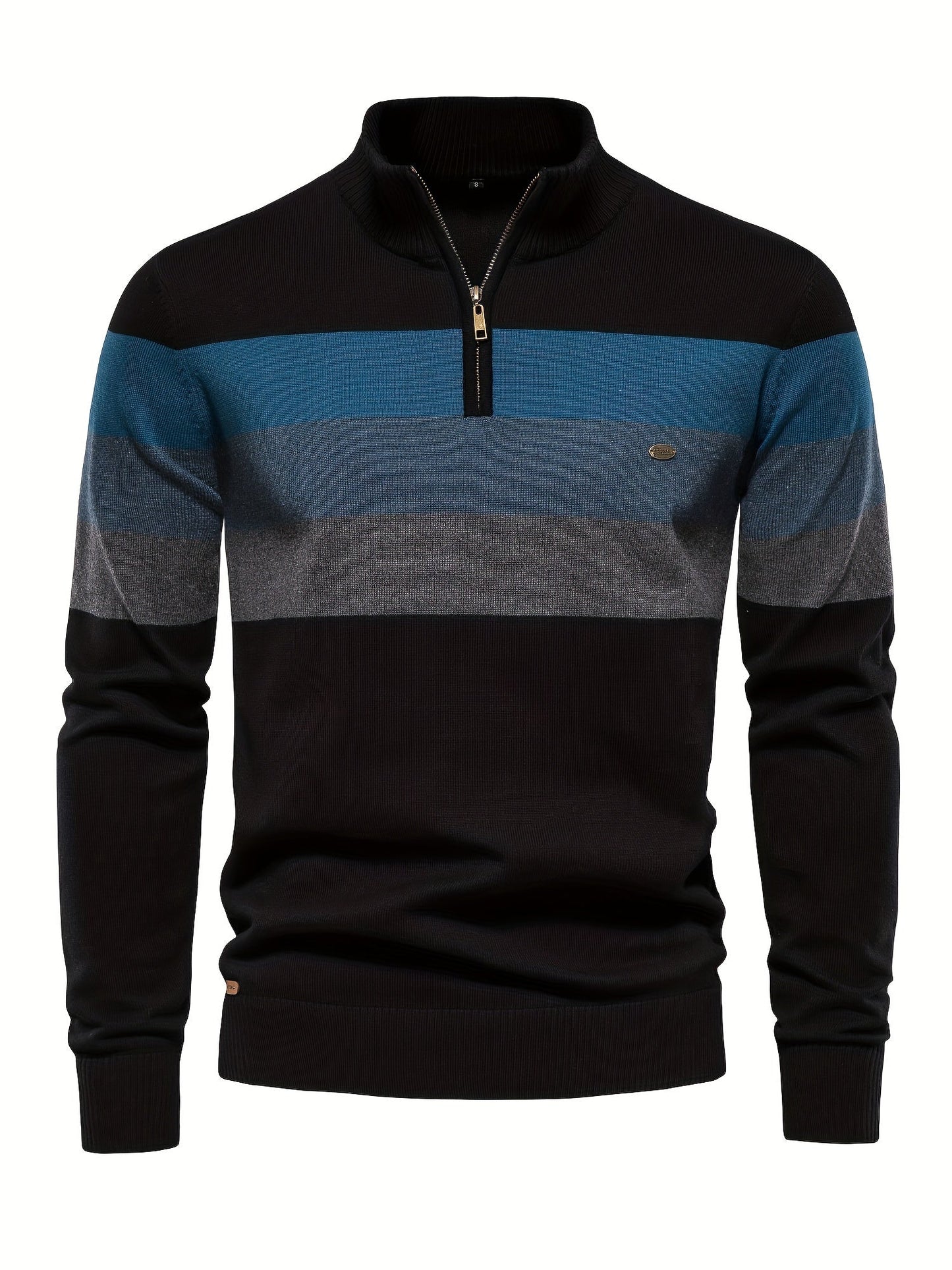 Schwarzer Herrenpullover mit blau-grauen Streifen, Reißverschluss, Baumwolle, modisch.