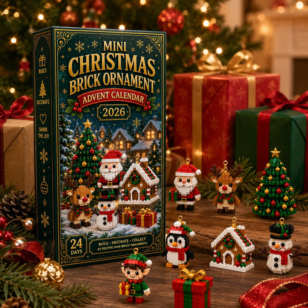 Schachtel schräg von vorn zwischen Geschenken und Tannenzweigen, davor acht fertige Figuren wie Weihnachtsmann, Elf, Pinguin und Lebkuchenhaus. 8