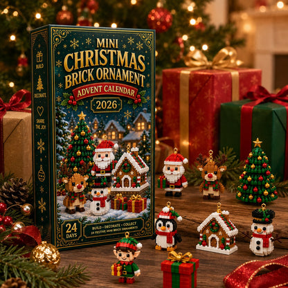 Schachtel schräg von vorn zwischen Geschenken und Tannenzweigen, davor acht fertige Figuren wie Weihnachtsmann, Elf, Pinguin und Lebkuchenhaus. 8