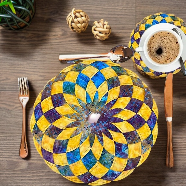 Nähvorlagen für Stoff-Tischsets, gedeckter Tisch mit rundem gelb-blau-violettem Stoffset