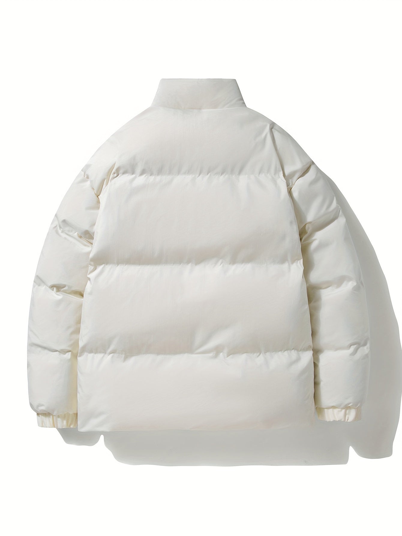 Weiße Daunenjacke, warm, gesteppt, Wintermode, Unisex, modisch, isoliert, Rückansicht.