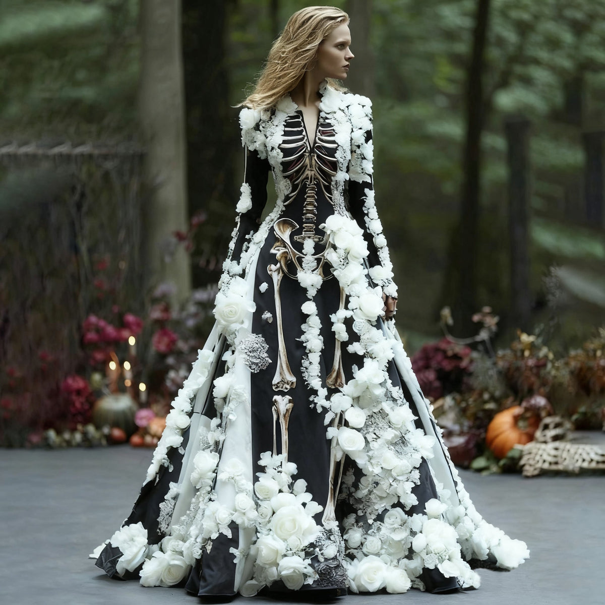 Dasselbe Skelett-Maxikleid in der Variante mit weißen Rosenapplikationen auf schwarzem Stoff, getragen von einem Model im Wald. 2