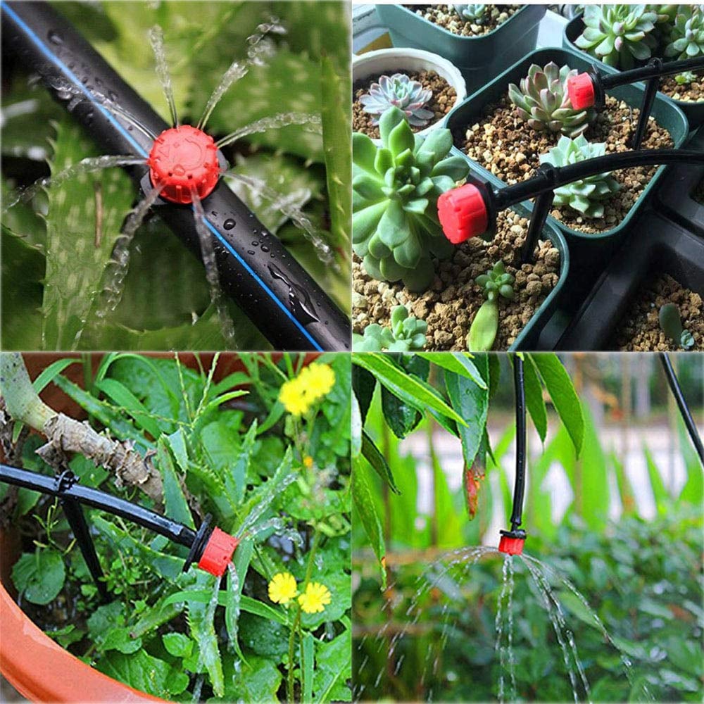 Vier Anwendungsbilder mit rotem Tropfer am Schlauch, Sukkulenten in Töpfen, Blumentopf mit gelben Blüten und tropfendem Wasser über Büschen.