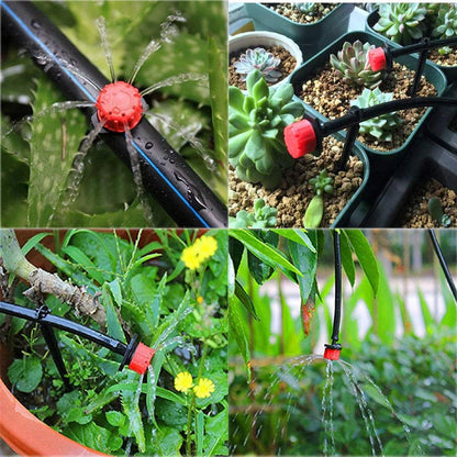 Vier Anwendungsbilder mit rotem Tropfer am Schlauch, Sukkulenten in Töpfen, Blumentopf mit gelben Blüten und tropfendem Wasser über Büschen.