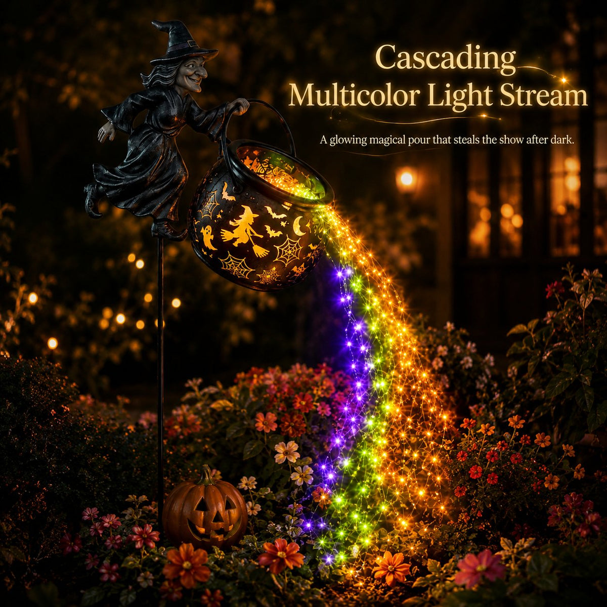 Halloween Hexenkessel Gartenlampe mit mehrfarbigem Lichterstrom im Blumenbeet
