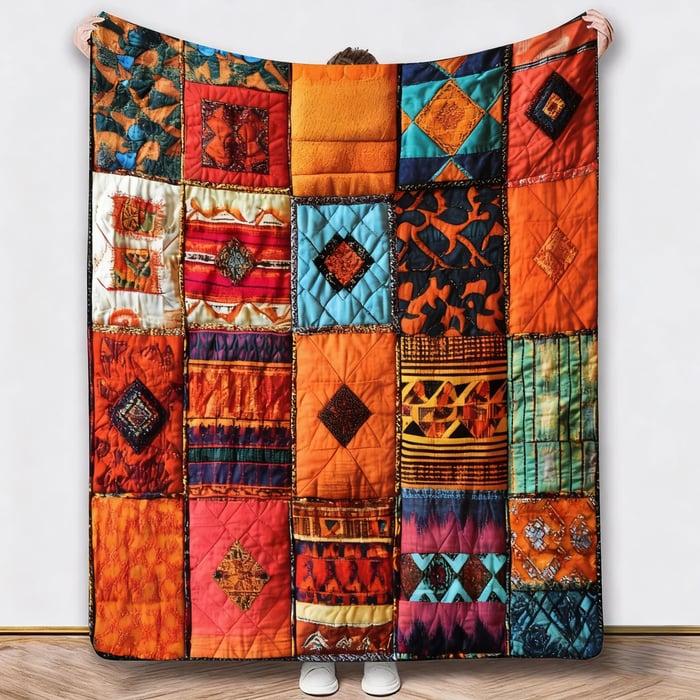 Andere Decke im Patchwork aus orangen, roten und türkisen Mustern, von einer Person hochgehalten 3