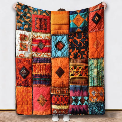 Andere Decke im Patchwork aus orangen, roten und türkisen Mustern, von einer Person hochgehalten 3