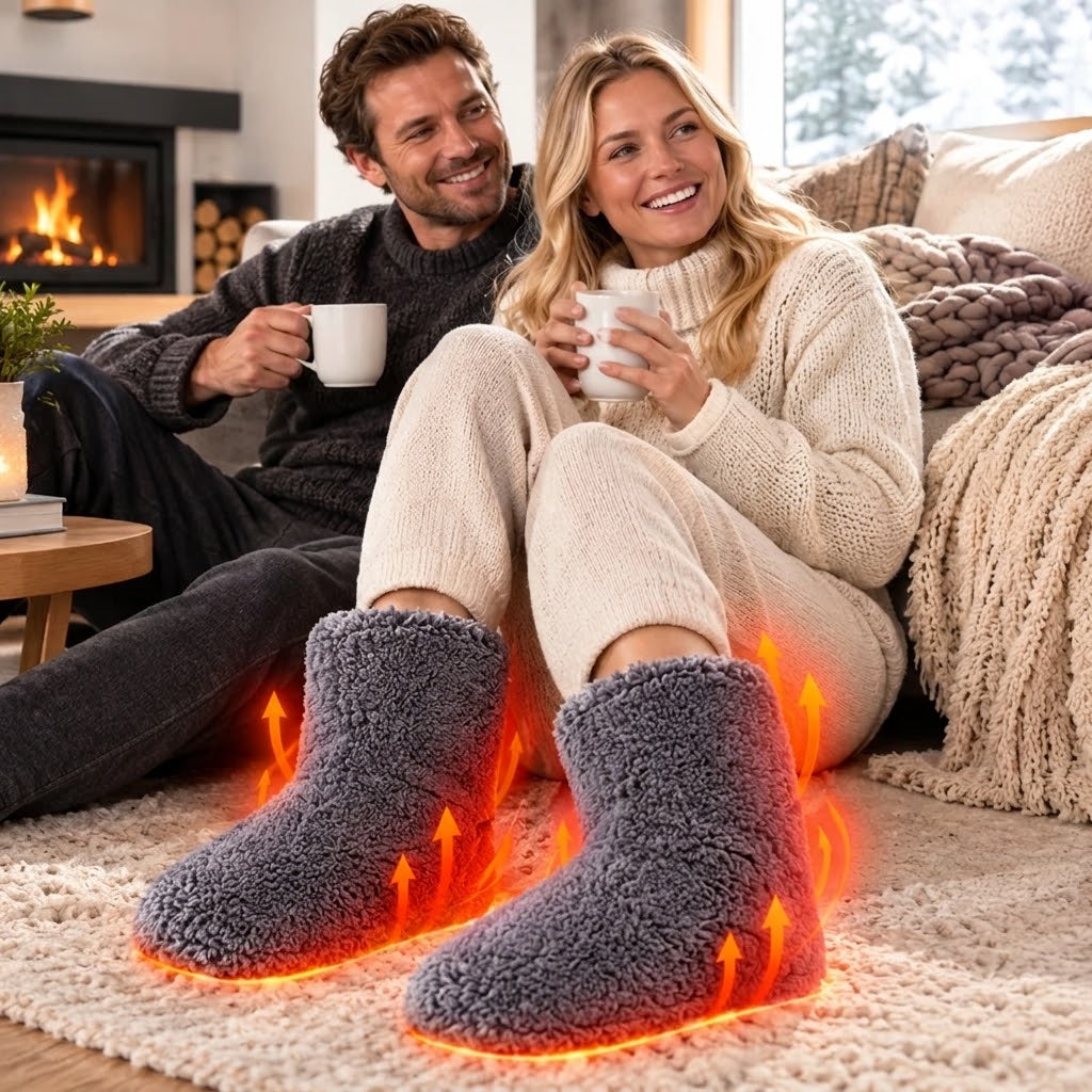 Lächelndes Paar mit Tassen am Kamin, graue Hausschuhe mit leuchtenden orangefarbenen Pfeilen, die die Wärme darstellen. 5