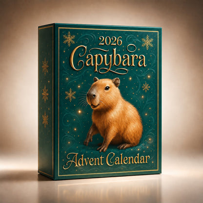 Frontansicht der grünen Adventskalender-Schachtel mit goldenem Rahmen, Schneeflocken und sitzendem Kapybara