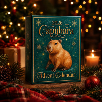 Grüne Adventskalender-Schachtel mit goldenen Schneeflocken und Kapybara-Motiv zwischen Tannenzweigen und Deko