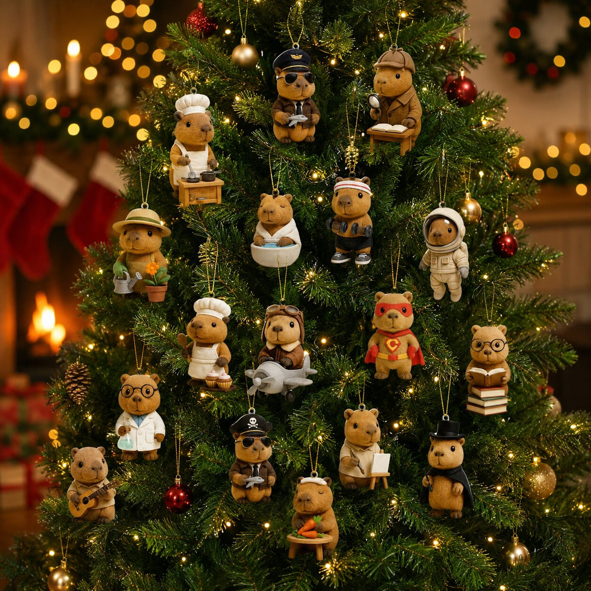 Kapybara-Figuren in Kostümen wie Koch, Pilot, Astronaut und Superheld am Weihnachtsbaum